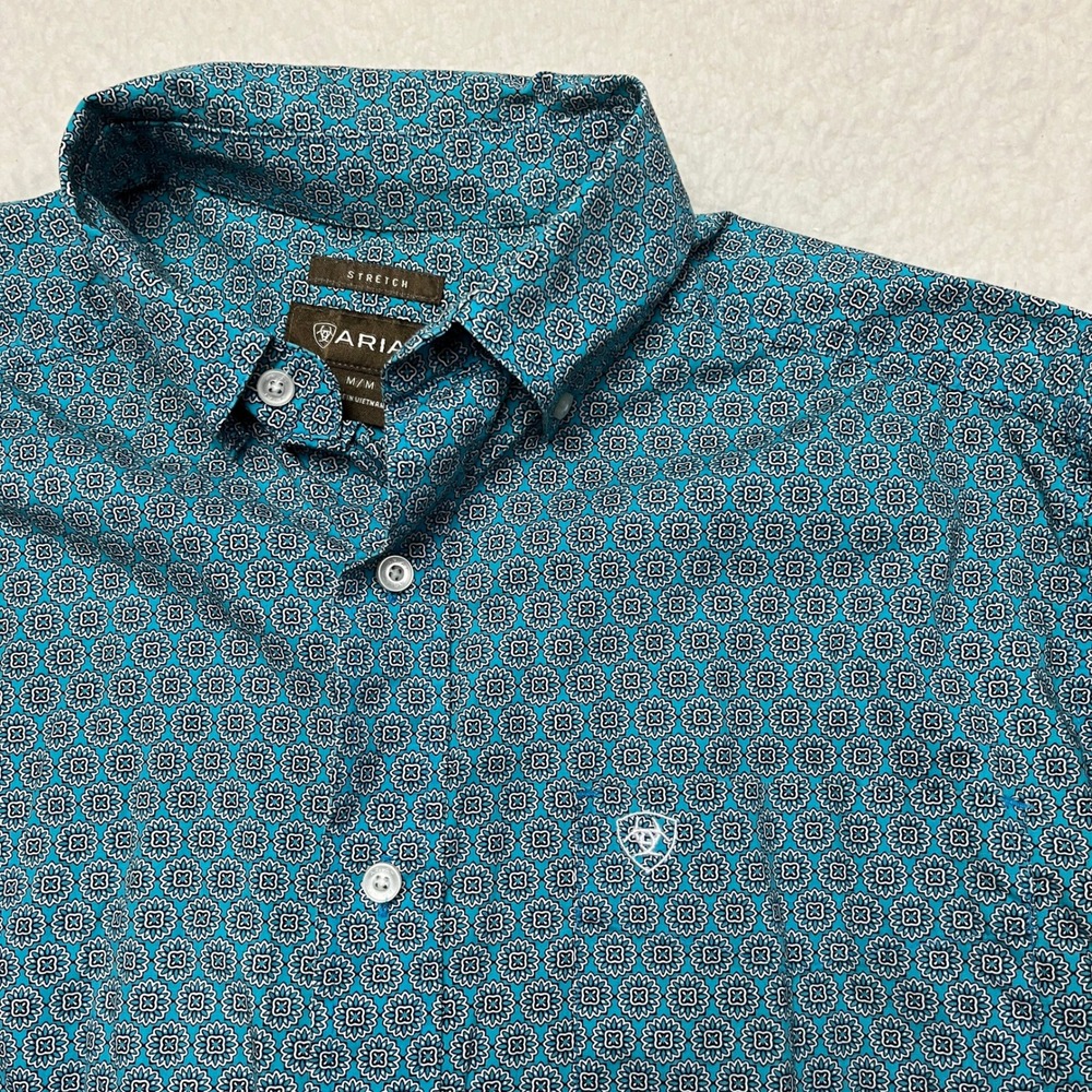 Ariat Button Down Shirt Mens Medium Teal Geometric Floral Stretch Long Sleeve - Picture 1 of 11